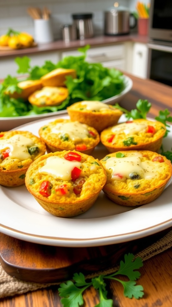 Savory quinoa egg muffins with vegetables on a rustic wooden plate.